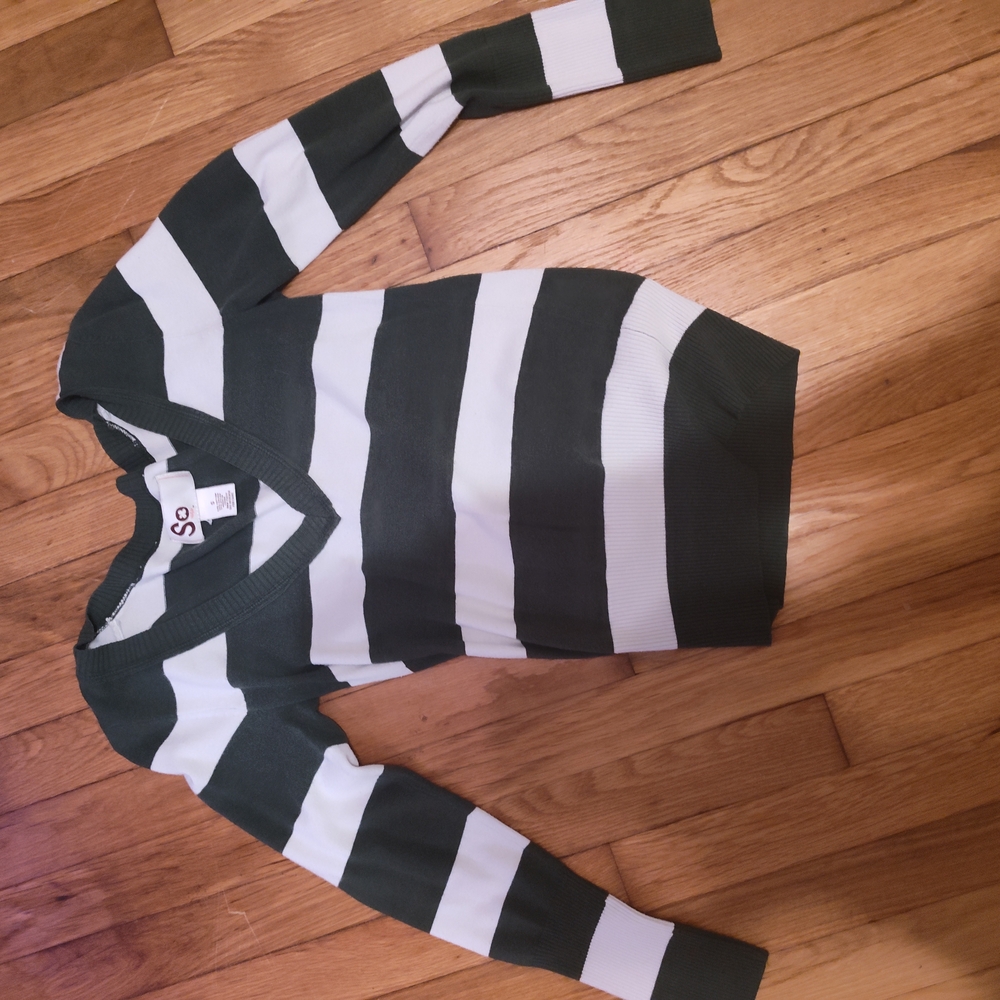 SO Green and White Striped Sweater Casual Knit Top